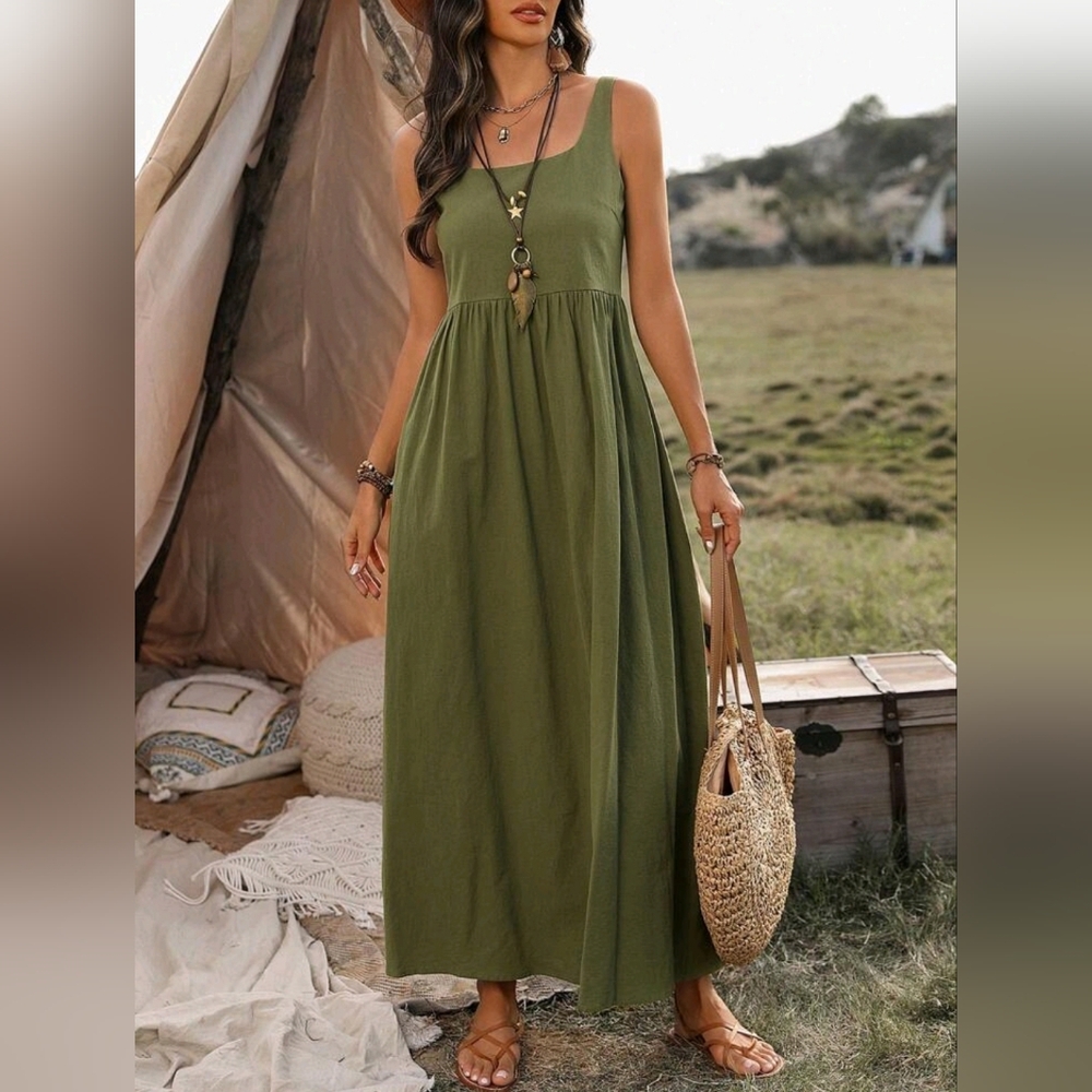 NEW Textured Cotton Tank Maxi Dress Olive Green